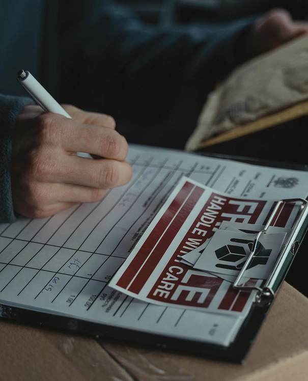 Person filling out a shipping form on a clipboard with a fragile handling label